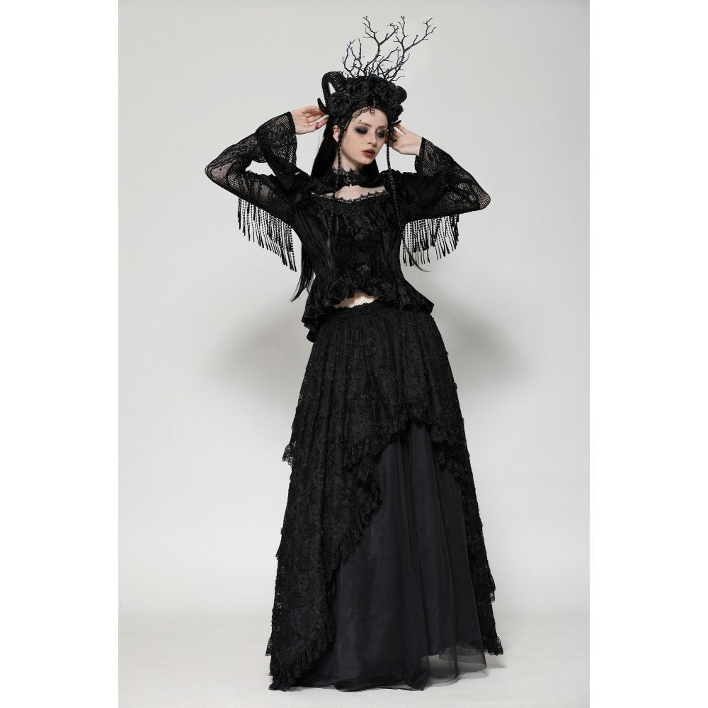 Dark in Love Fleur Gothic Rose-Embossed Velvet Long-Sleeve Top
