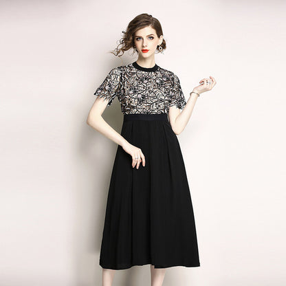Lace Bodice Classic Short-Sleeve Black Cocktail Dress