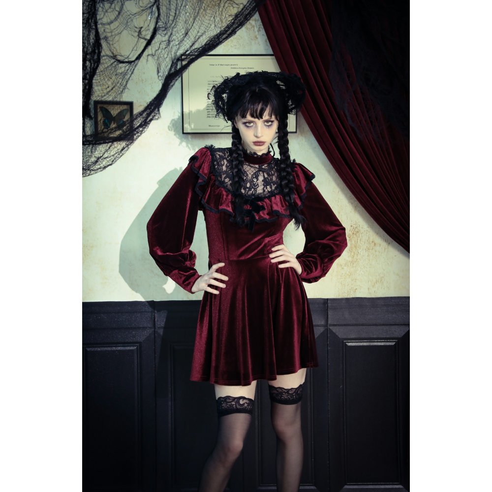 Dark in Love Verity Burgundy Velvet Dress with Black Gothic Lace