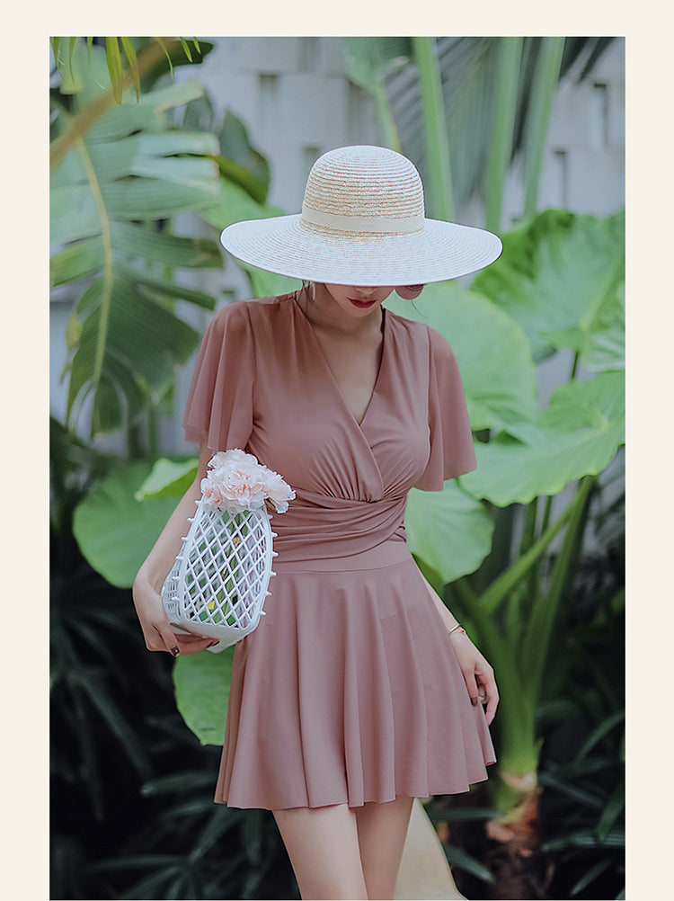 Vireous Elegant Gathered Resortwear Swimming Dress with Under Shorts