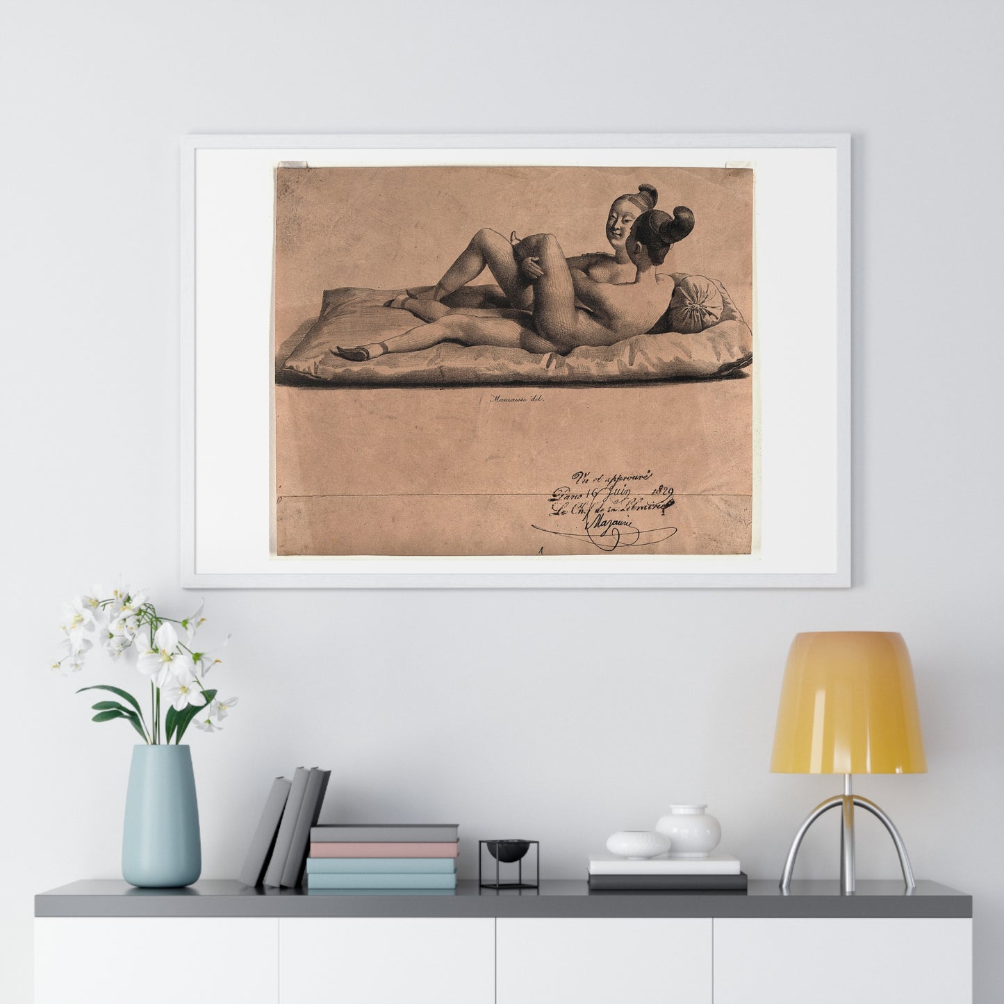 Two Chinese Girls with Bound Feet are Making Love on a Mattress (1829) Lithograph by Jean-Baptiste Mauzaisse, Framed Print