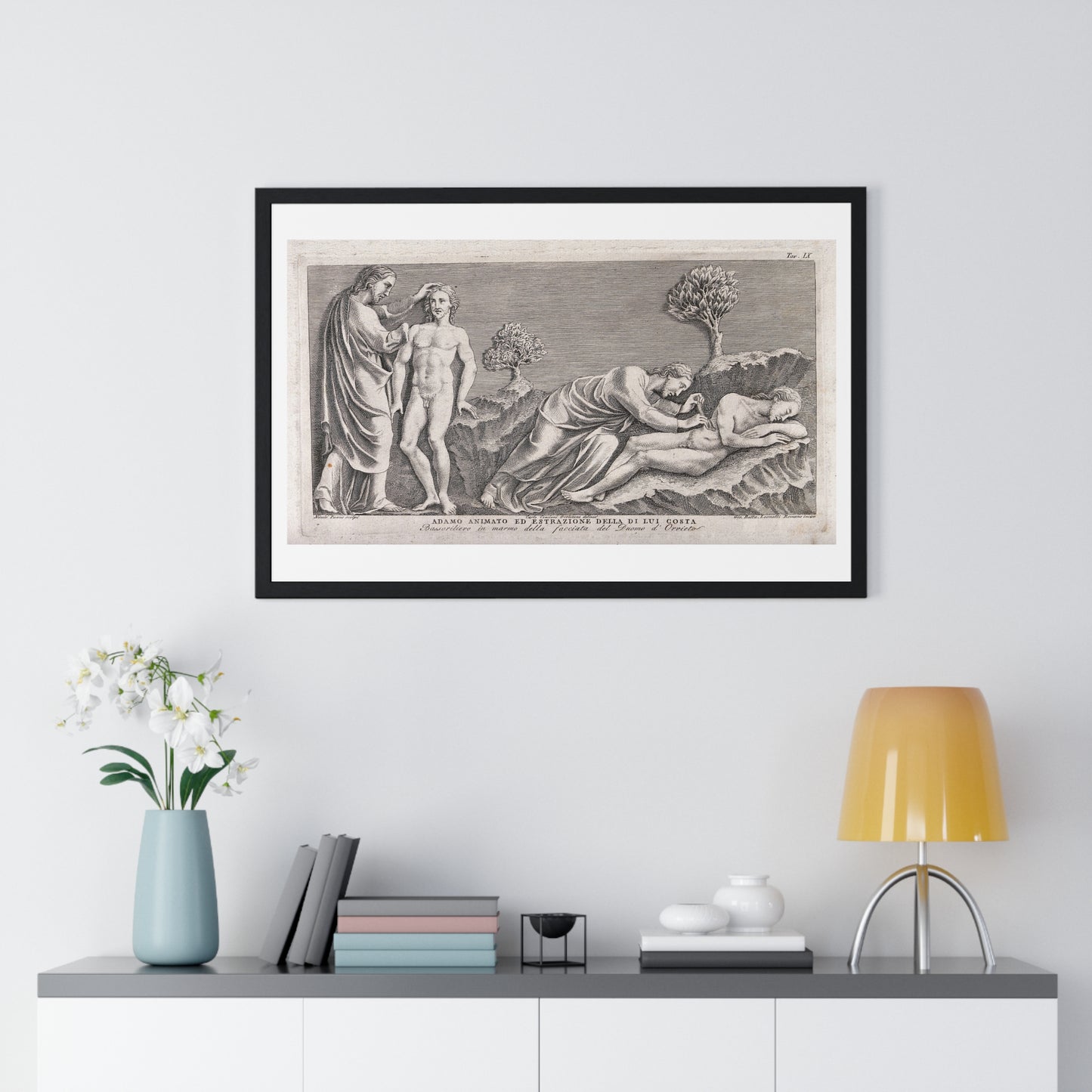 God Animates Adam and Operates on his Rib, Etching by Giovanni Leonetti after Carlo Cencioni after Nicola Pisano, Framed Print