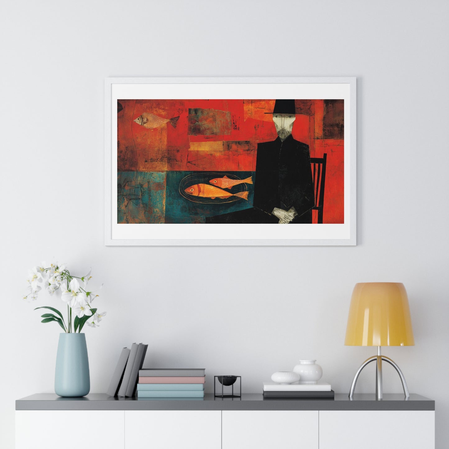 The Man and the Golden Fish in the Style of Modigliani 'Designed by AI' Framed Art Print