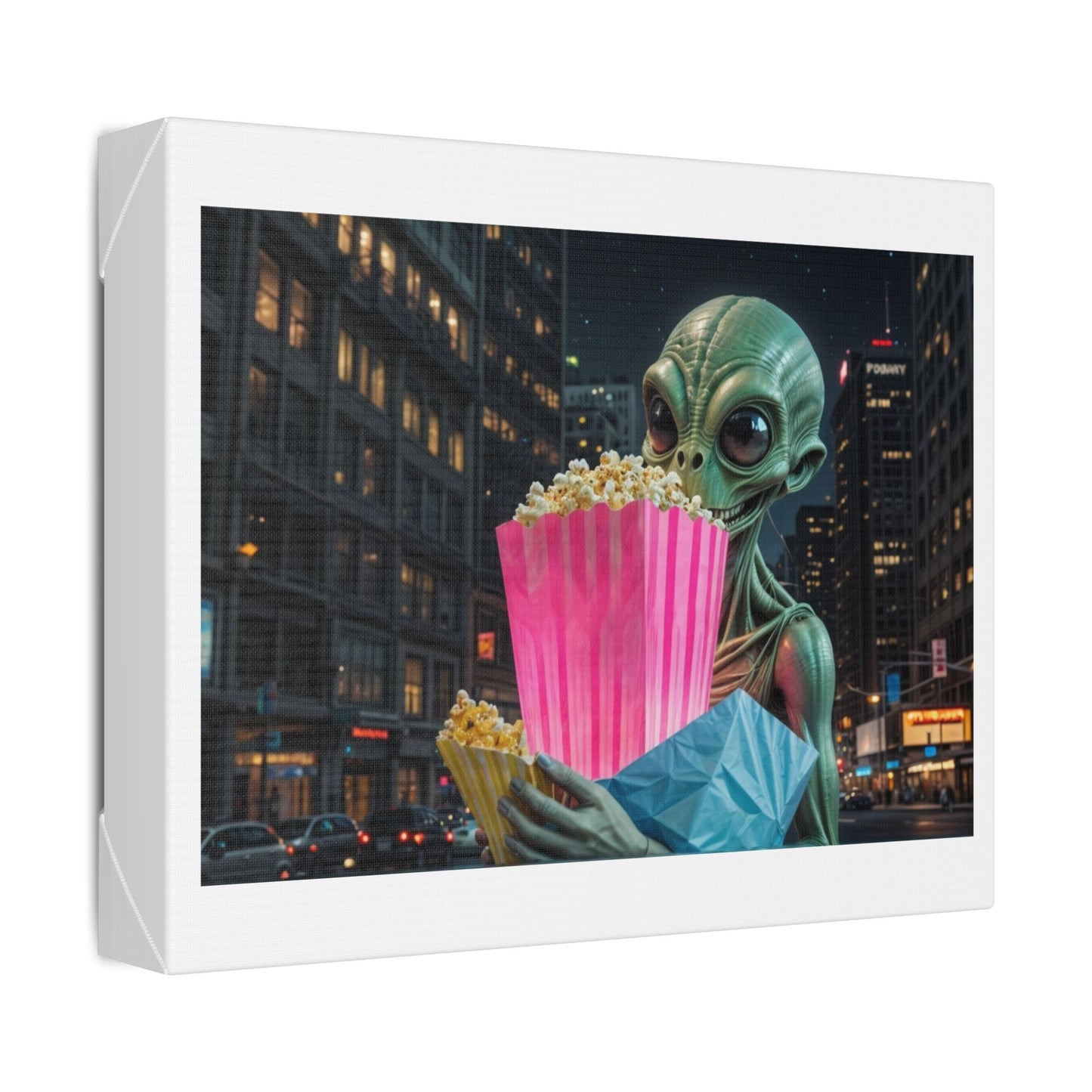 Alien Watching the Planet Earth Show 'Designed by AI' Satin Canvas Art Print