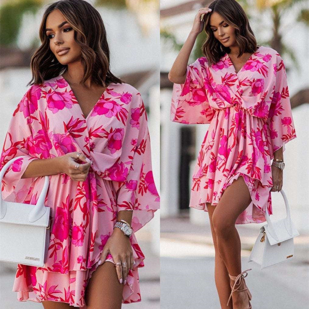 Vireous Fashion Print Doll-Sleeve Loose Summer Dress