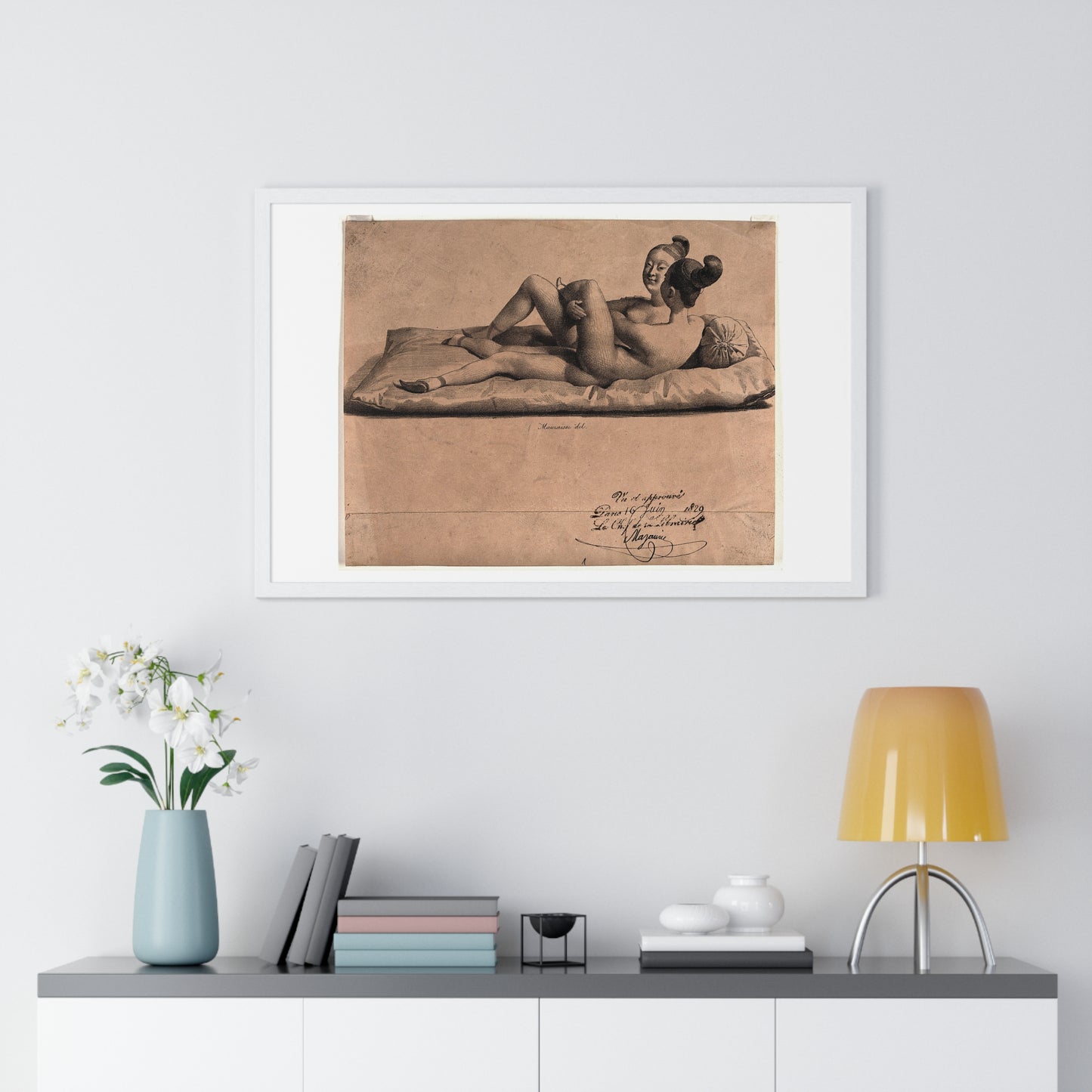 Two Chinese Girls with Bound Feet are Making Love on a Mattress (1829) Lithograph by Jean-Baptiste Mauzaisse, Framed Print