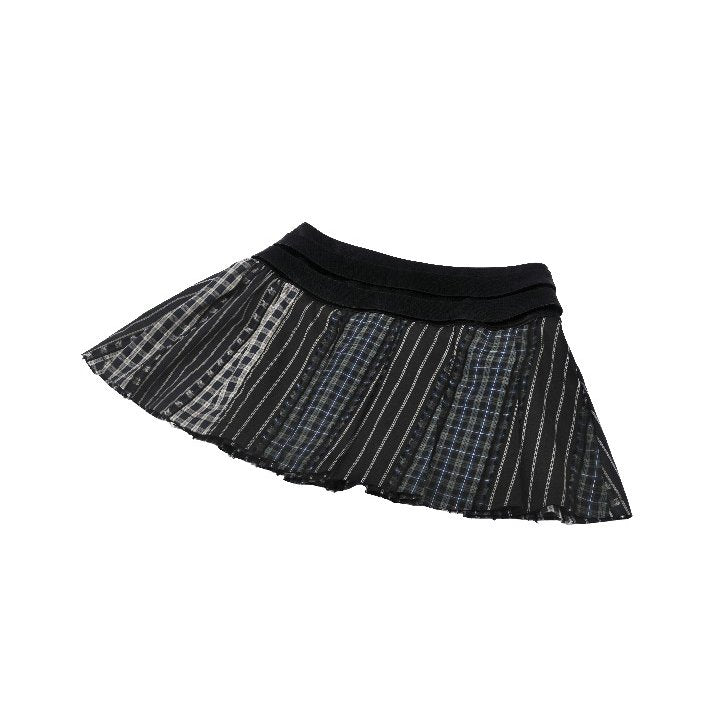 Dark in Love Sage Tartan Patchwork Leather-Waist Pleated Mini Skirt