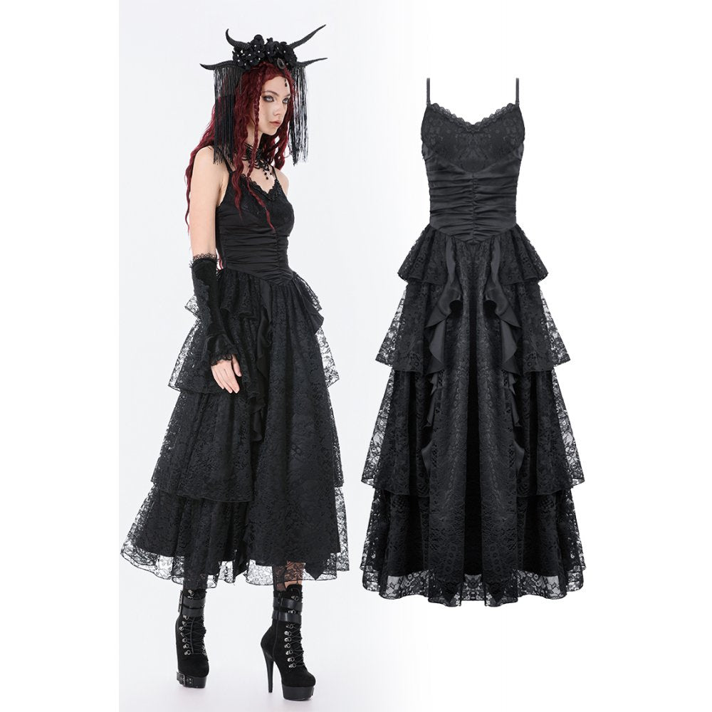 Dark in Love Gothic Satin Lace Tiered Dress