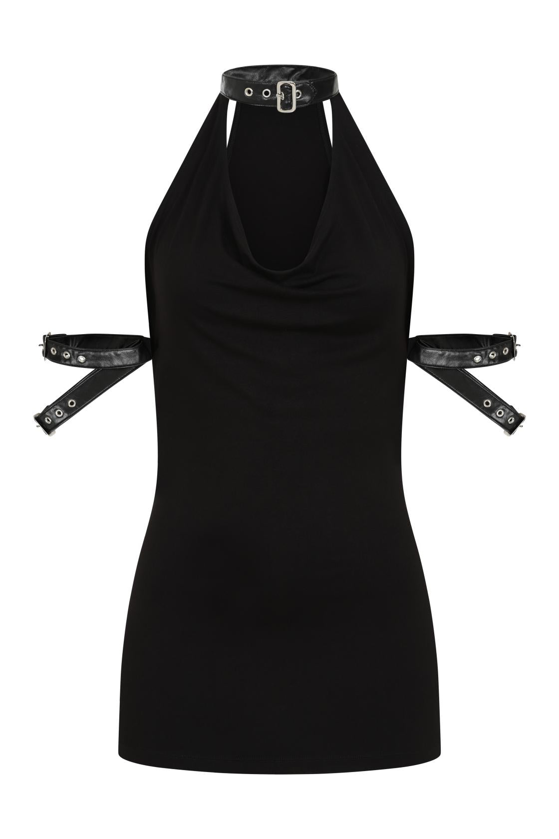 Necessary Evil Aphrodite Plunge Cowl-Neck Top with Faux Leather Detail
