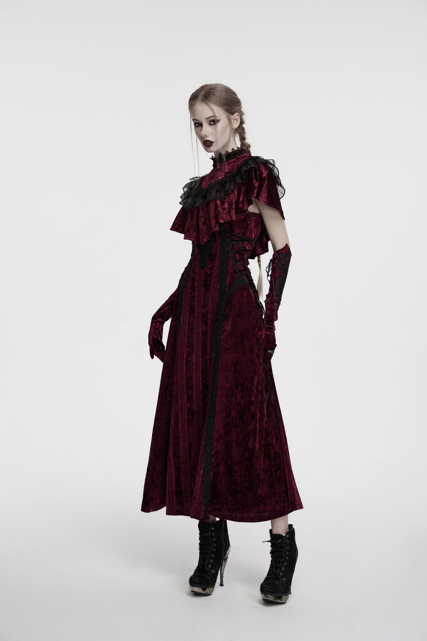 Punk Rave Vivienne Velvet Lace-Panel Goth Slip Dress In Burgundy