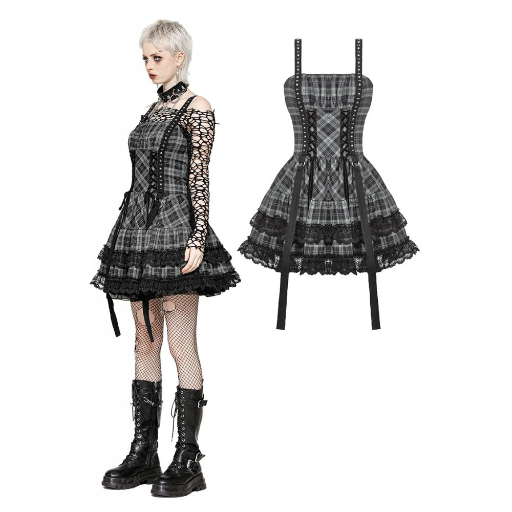 Dark in Love Ida Punk Grey Tartan Metal-Studded Dress