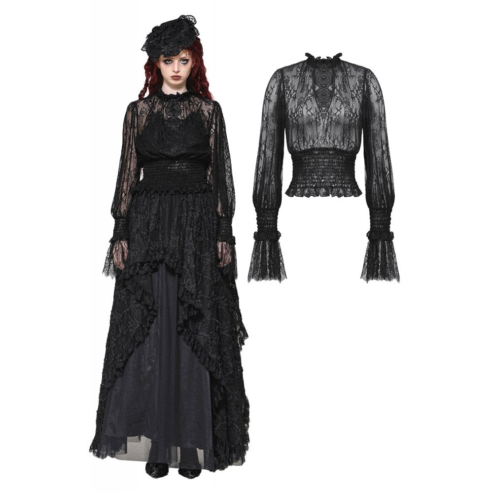 Dark in Love Aoife Black Hollow Lace Elastic Pleated-Waist Eyelash Lace Cuff Top