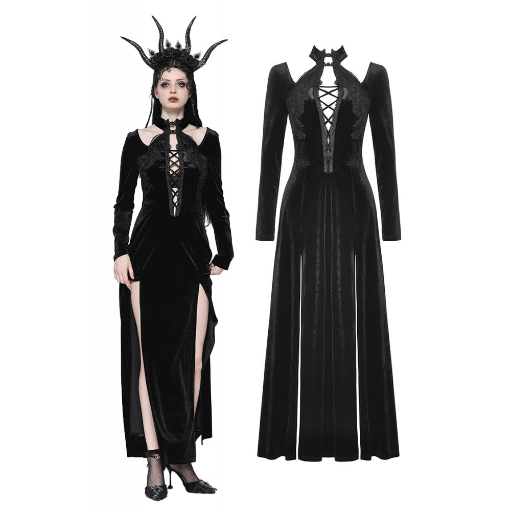 Dark in Love Vera Gothic Velvet High-Slit Maxi Dress with Hollow Neckline, Embroidered Buttons