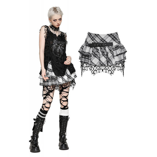 Dark in Love Quinn Punk Black and White Checkered Asymmetrical Messy Net Skirt