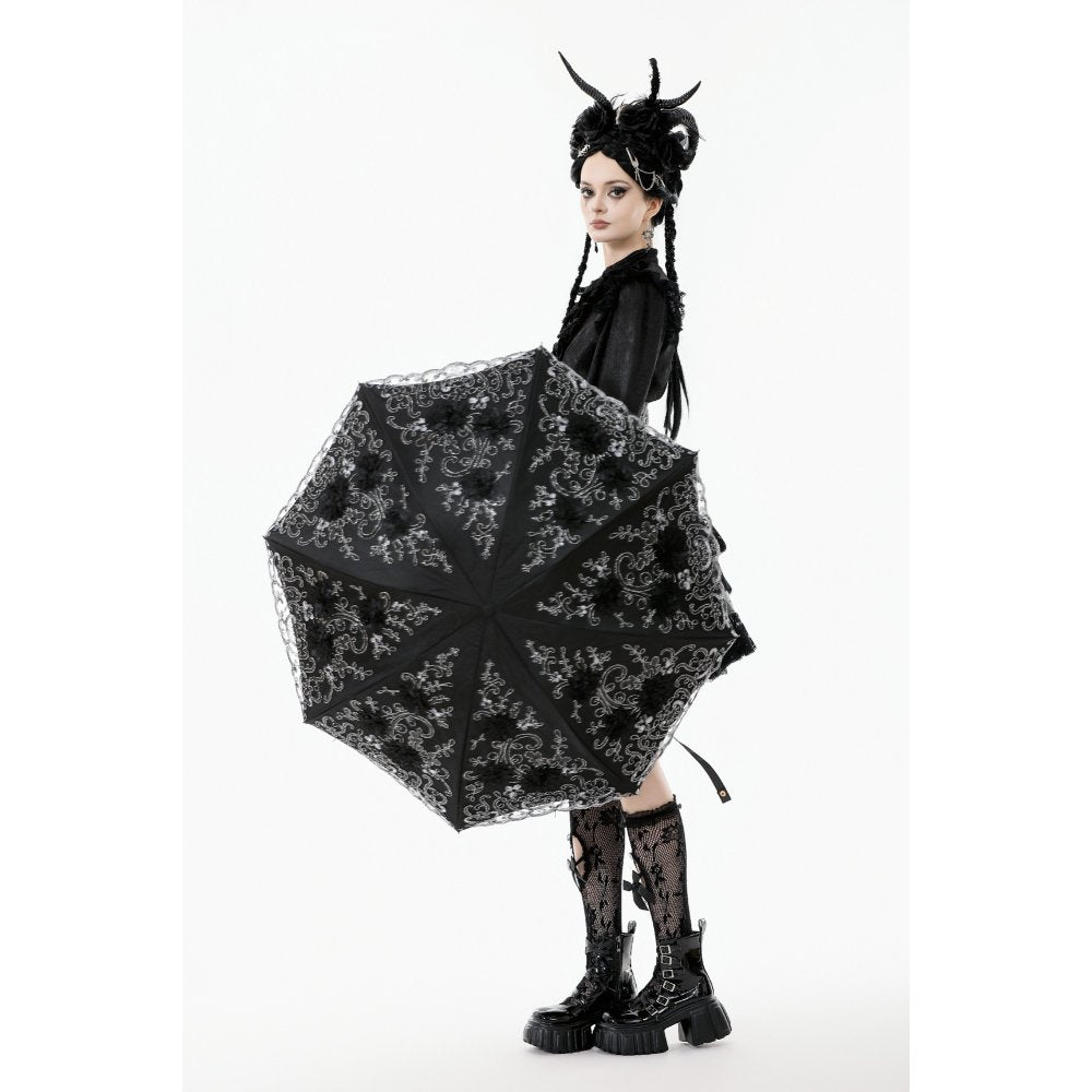 Dark in Love Belladonna Embroidered Folding Parasol in Black