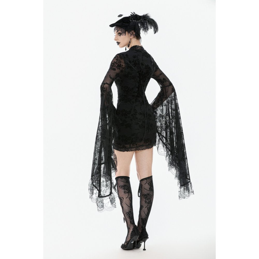 Dark In Love Minerva Bell-Sleeve Lace Dress in Black