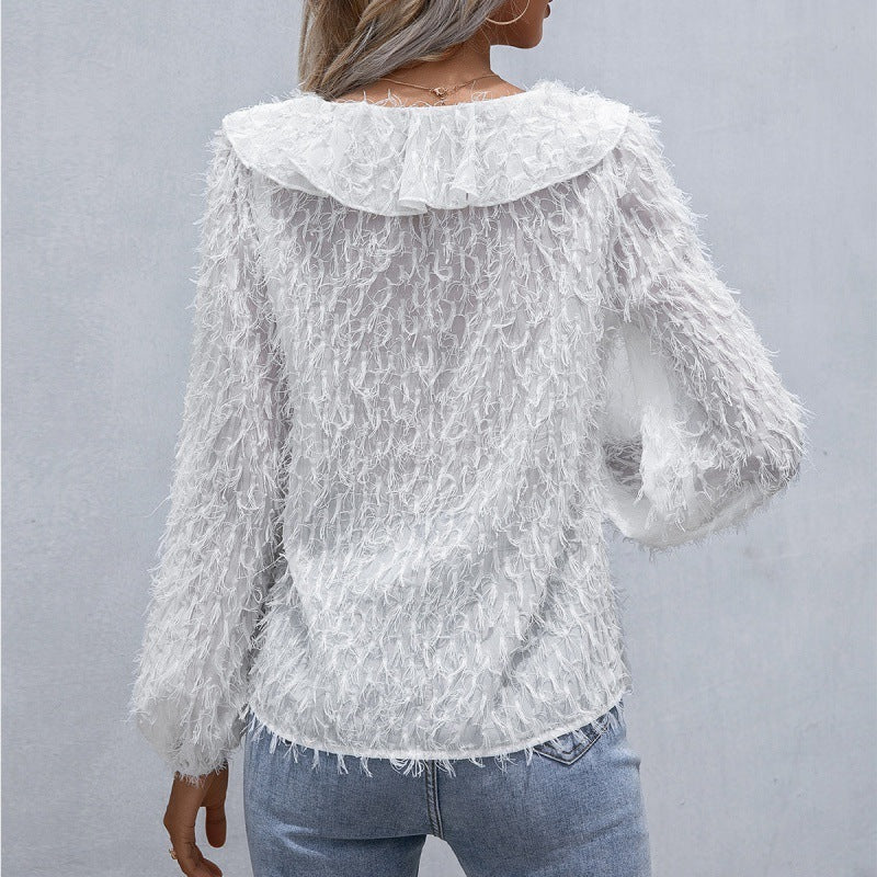 Ruffled Fringed Feather Long-Sleeve Blouse