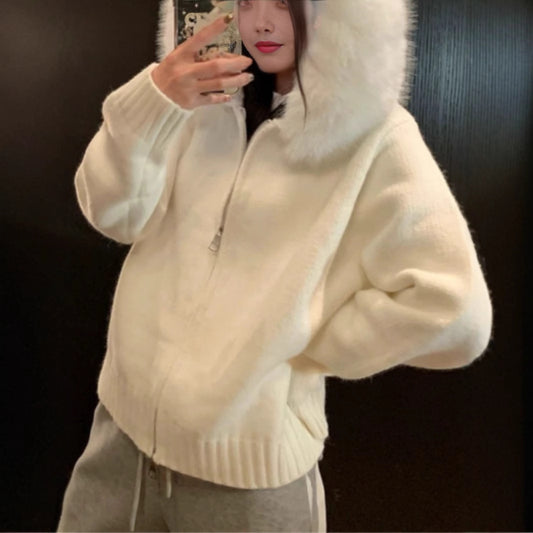 Vireous Fur Hooded Short Women's Fashion Knitted Cardigan