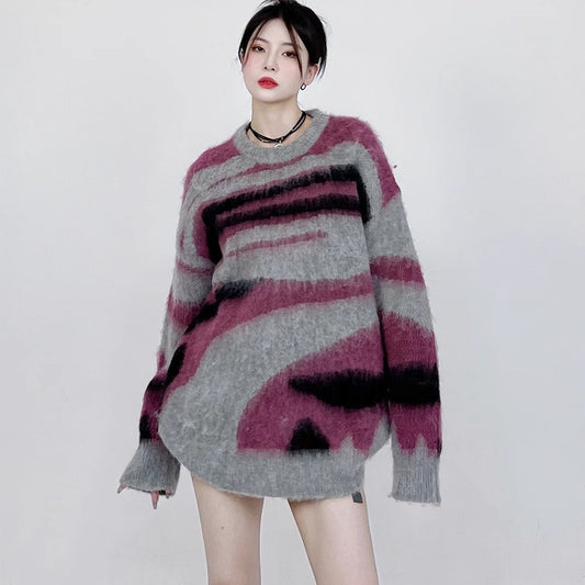 Women's Retro Contrast Colour Loose Sweater