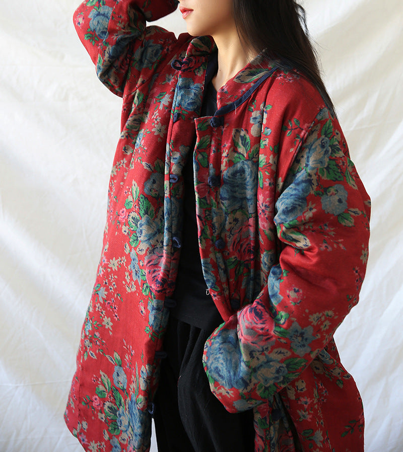 Vireous Cotton and Linen Women's Floral Retro Art Padded Coat