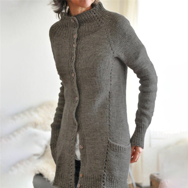 Vireous Women's High-Neck Urban Casual Woollen Long Cardigan