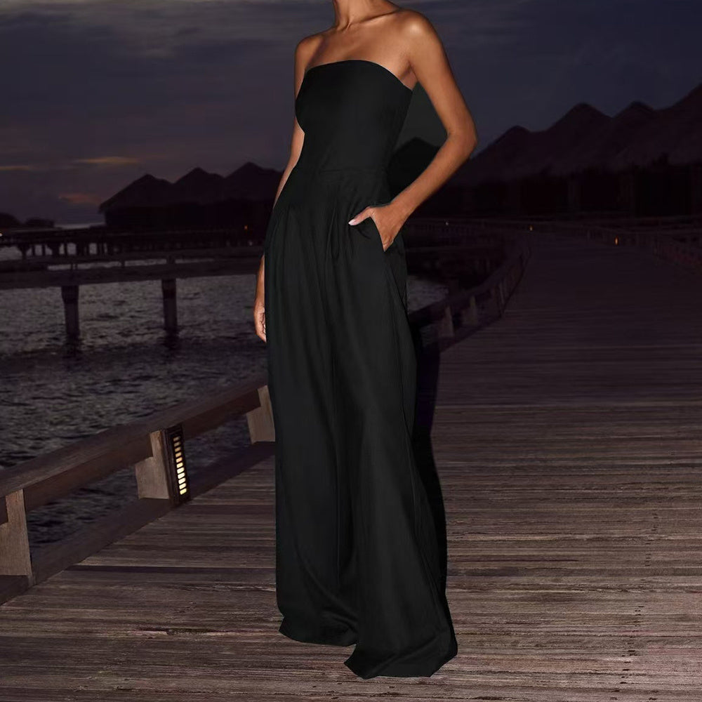 Loose Tube-Top Jumpsuit, Fashion Backless Rompers, Wide-Leg Long Pants