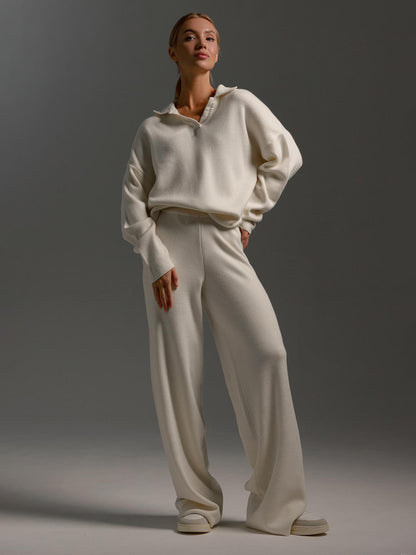 Women's Knitted Fashion Suit, Casual Collared Loose Pants Set