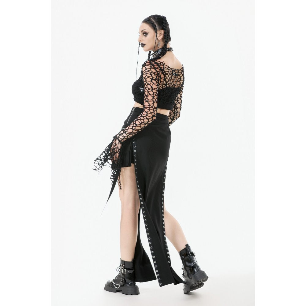 Dark in Love Morana Mesh Crochet-Knit Bell Sleeve Crop Top