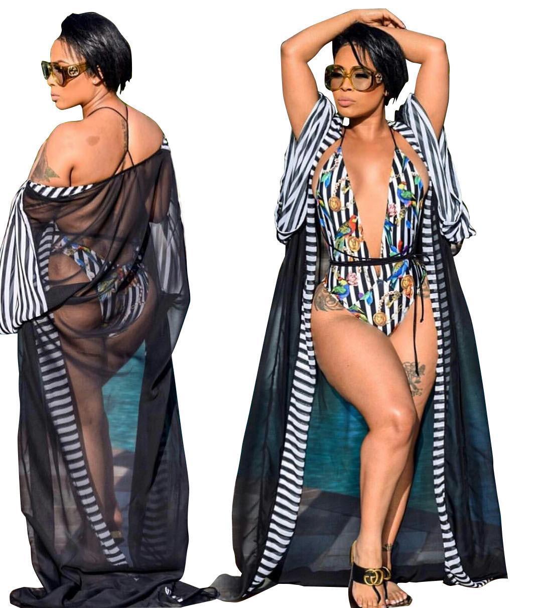 Mesh Robe Cover Up with Swimsuit Set, Plus Sizes