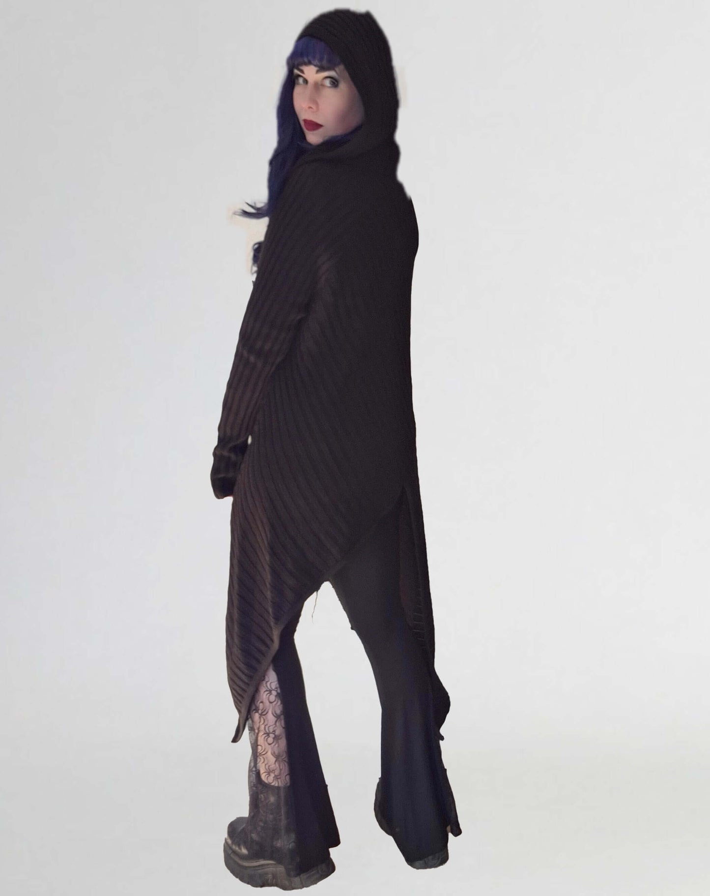 Necessary Evil Ribbed Sabrina Draped Cardigan with Hood