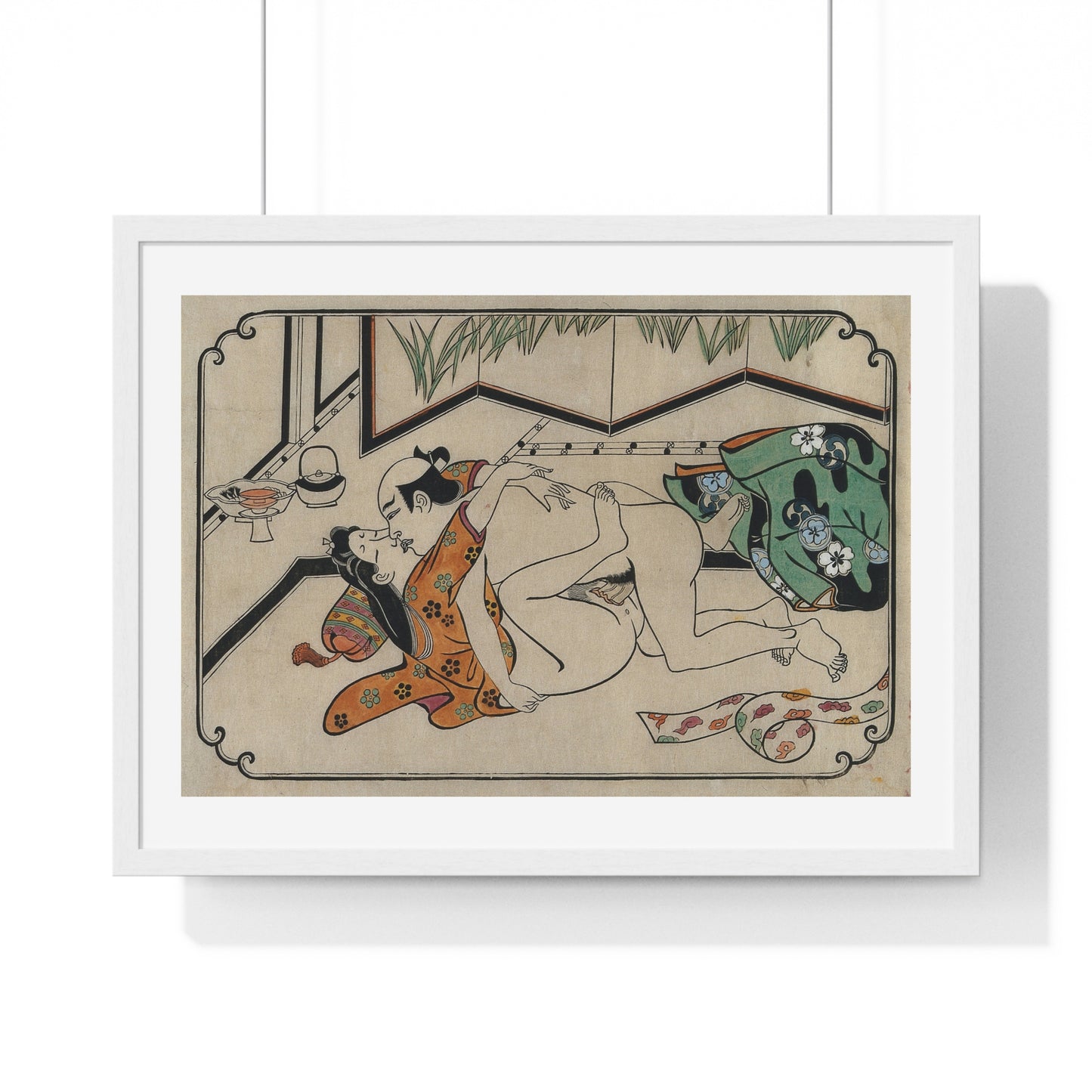 Middle-Aged Couple Making Love, Coloured Reproduction of a Woodcut by Moronobu (1680s) Framed Art Print