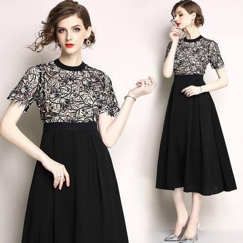 Lace Bodice Classic Short-Sleeve Black Cocktail Dress