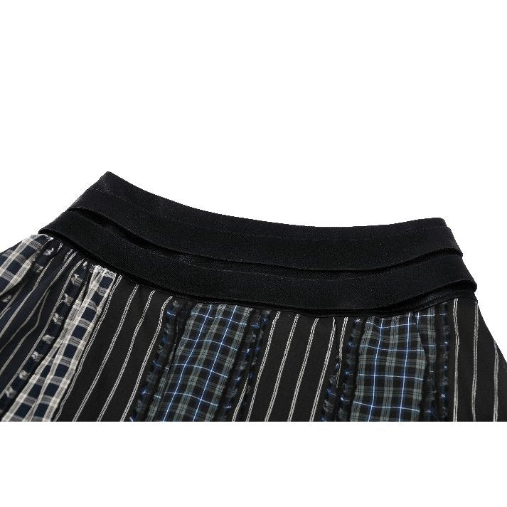 Dark in Love Sage Tartan Patchwork Leather-Waist Pleated Mini Skirt