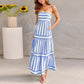 Vireous Summer Fresh Striped Print Suspender Long Dress, with Pockets