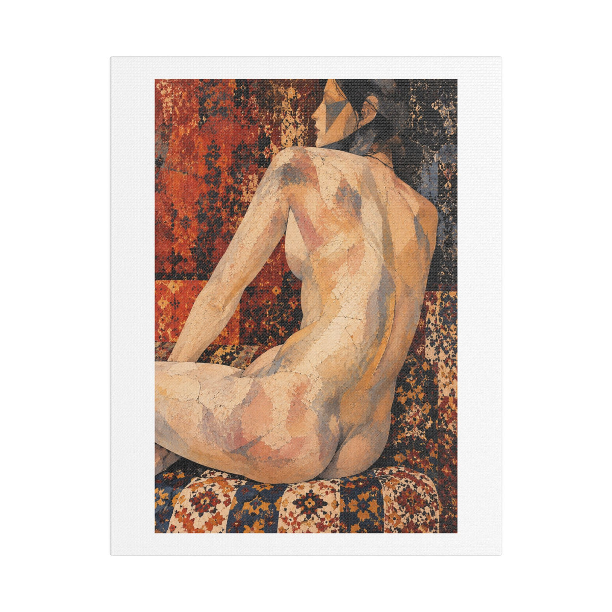 Abstract Mosaic Nude on Ornate Tapestry, Art Print on Satin Canvas, Stretched