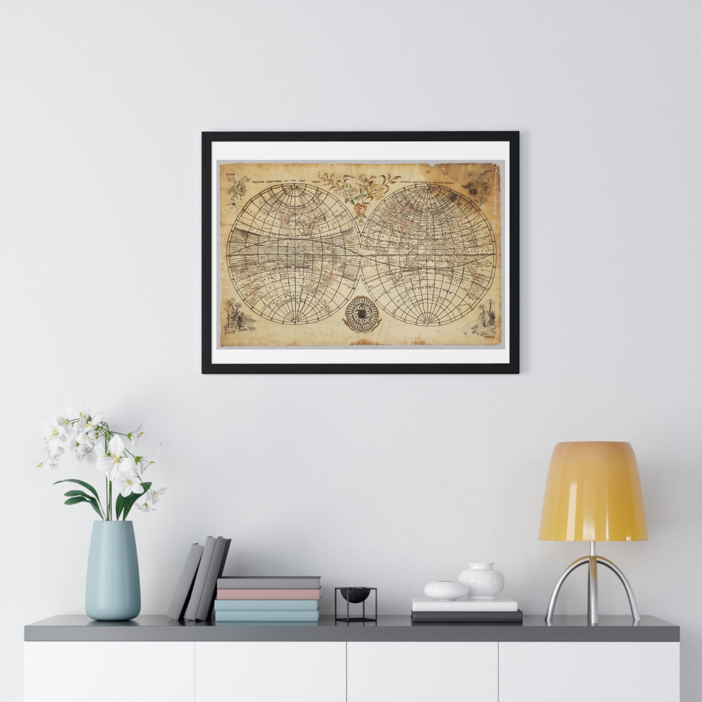 Antique Textile World Map Sampler (1790s) from the Original, Framed Print