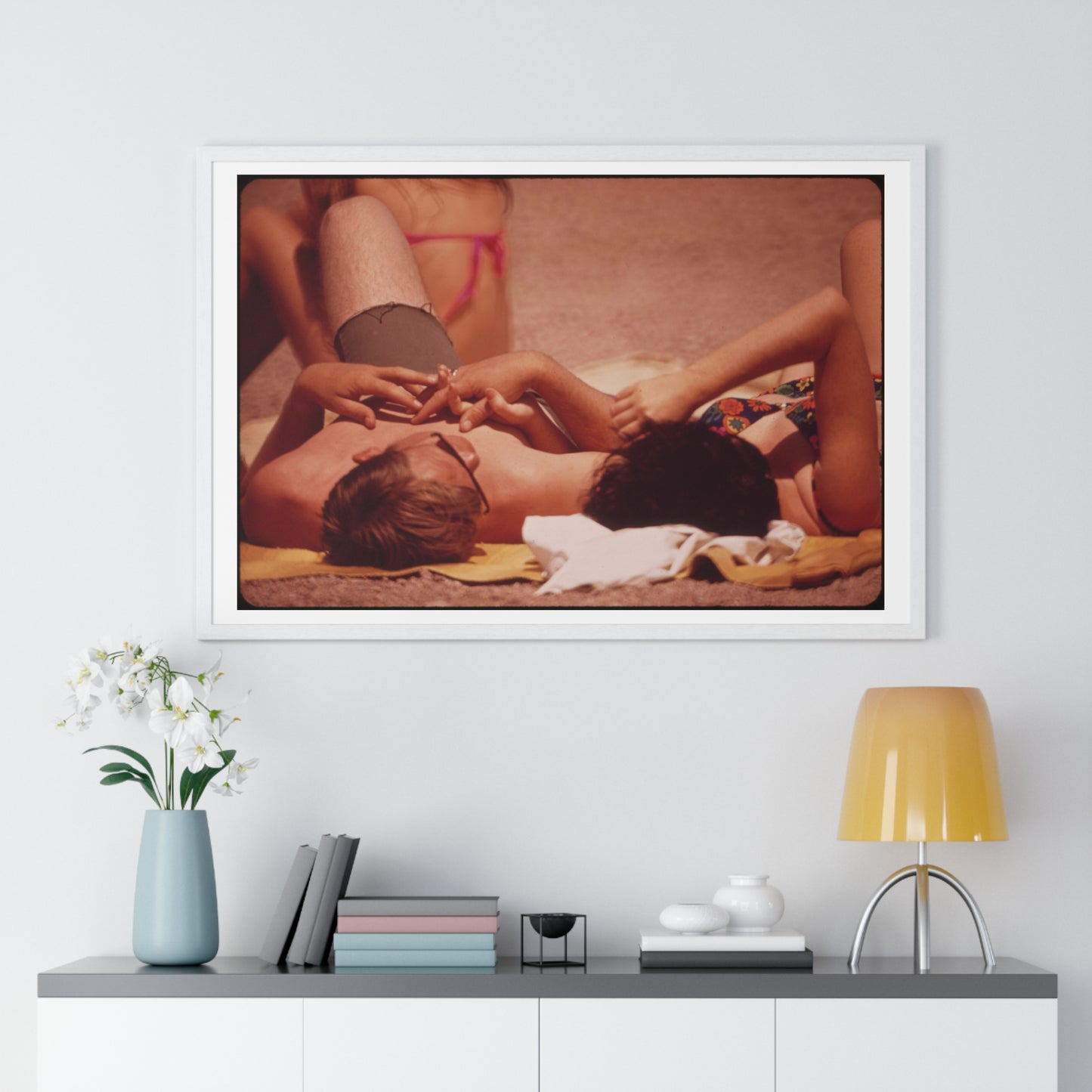 Sunning on the Lake Shore ( 1972) Vintage Photography by Charles O'Rear, Framed Print