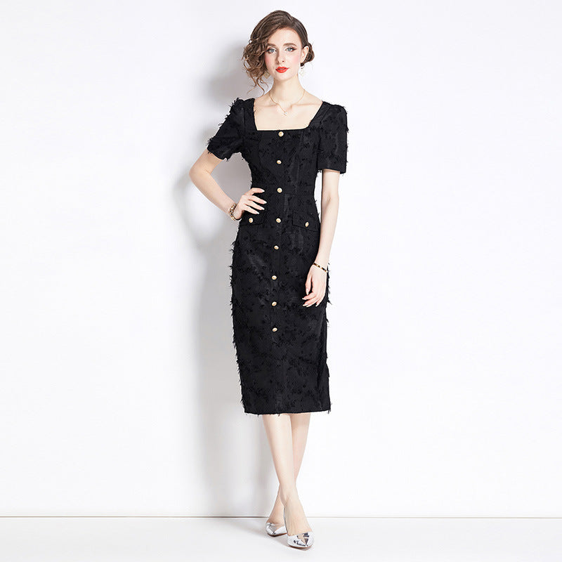 French Hepburn-Style Vintage Tassel Black Dress