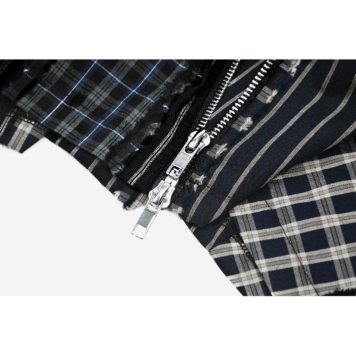 Dark in Love Sage Tartan Patchwork Leather-Waist Pleated Mini Skirt