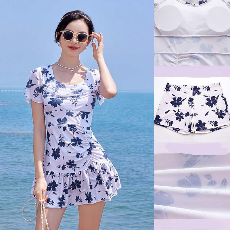 Women's Fashion Ruched Short Sleeve Swimming Dress with Under Shorts
