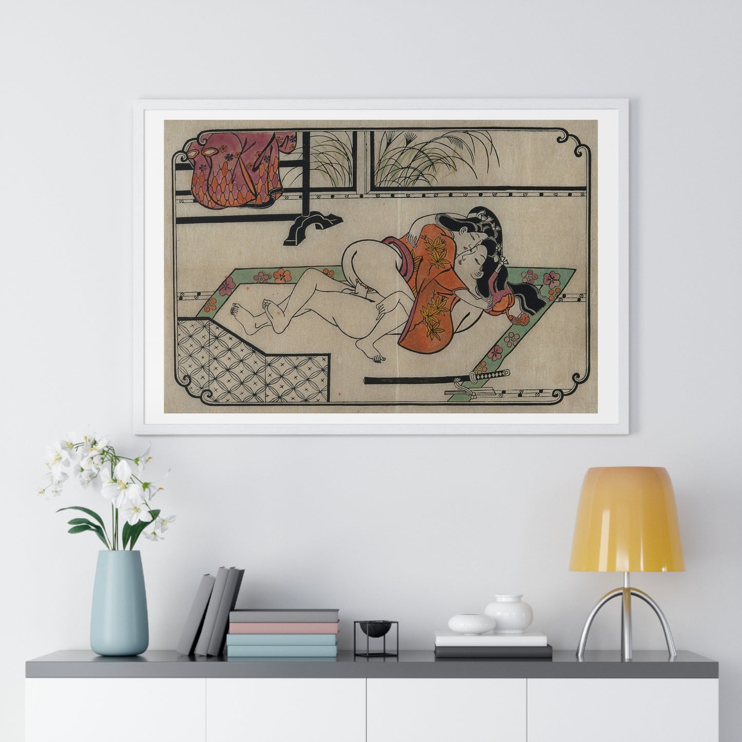 Young Couple Making Love, Coloured Reproduction of a Woodcut by Moronobu (1680s) Framed Art Print