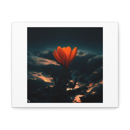 One Orange Flower Growing From Frozen Tundra, Low Lighting 'Designed by AI' on Canvas