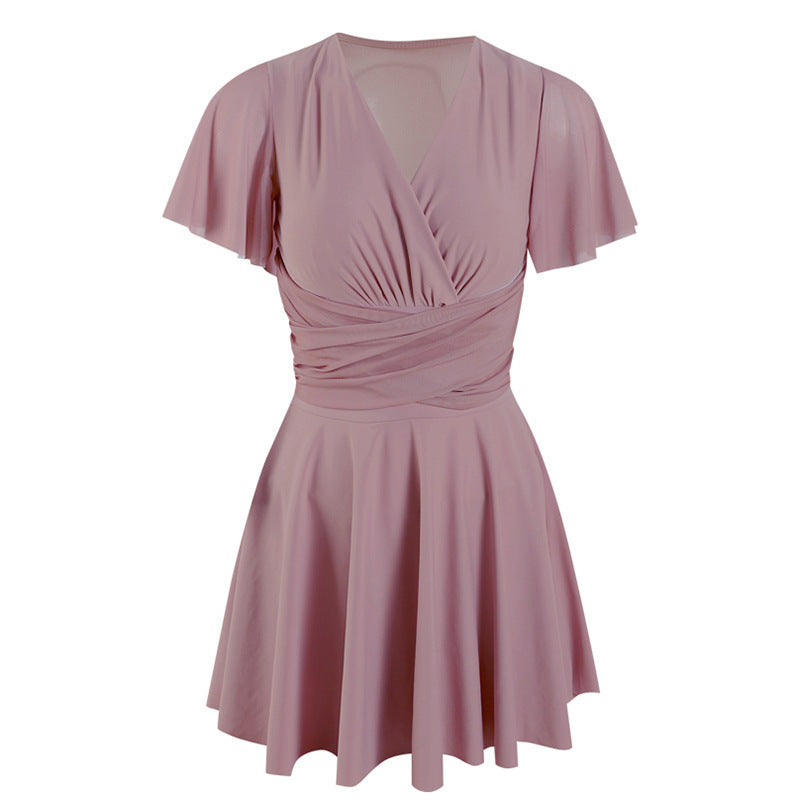 Vireous Elegant Gathered Resortwear Swimming Dress with Under Shorts