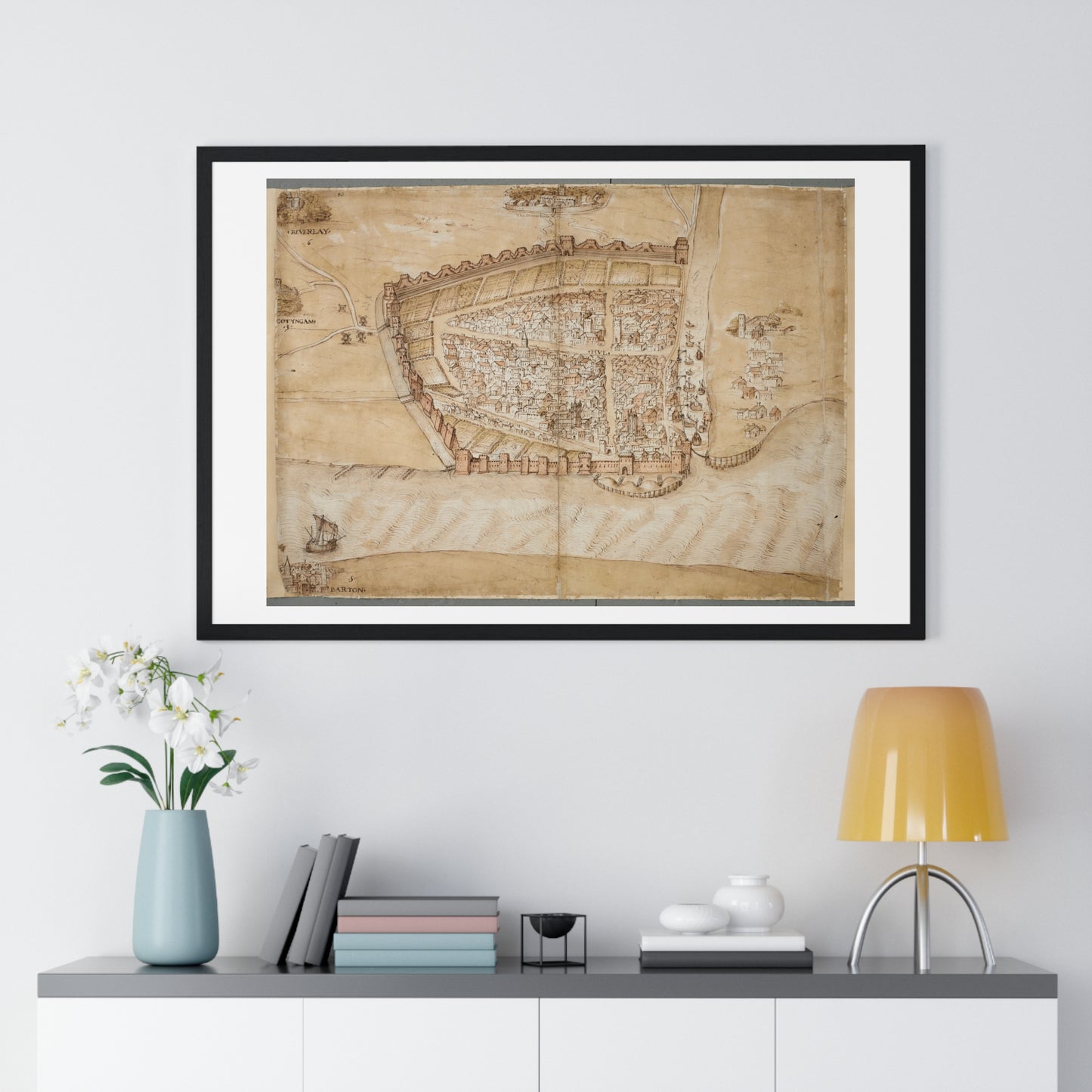 Antique Map of the City of Hull (circa 1539) from the Original Manuscript, Framed Print