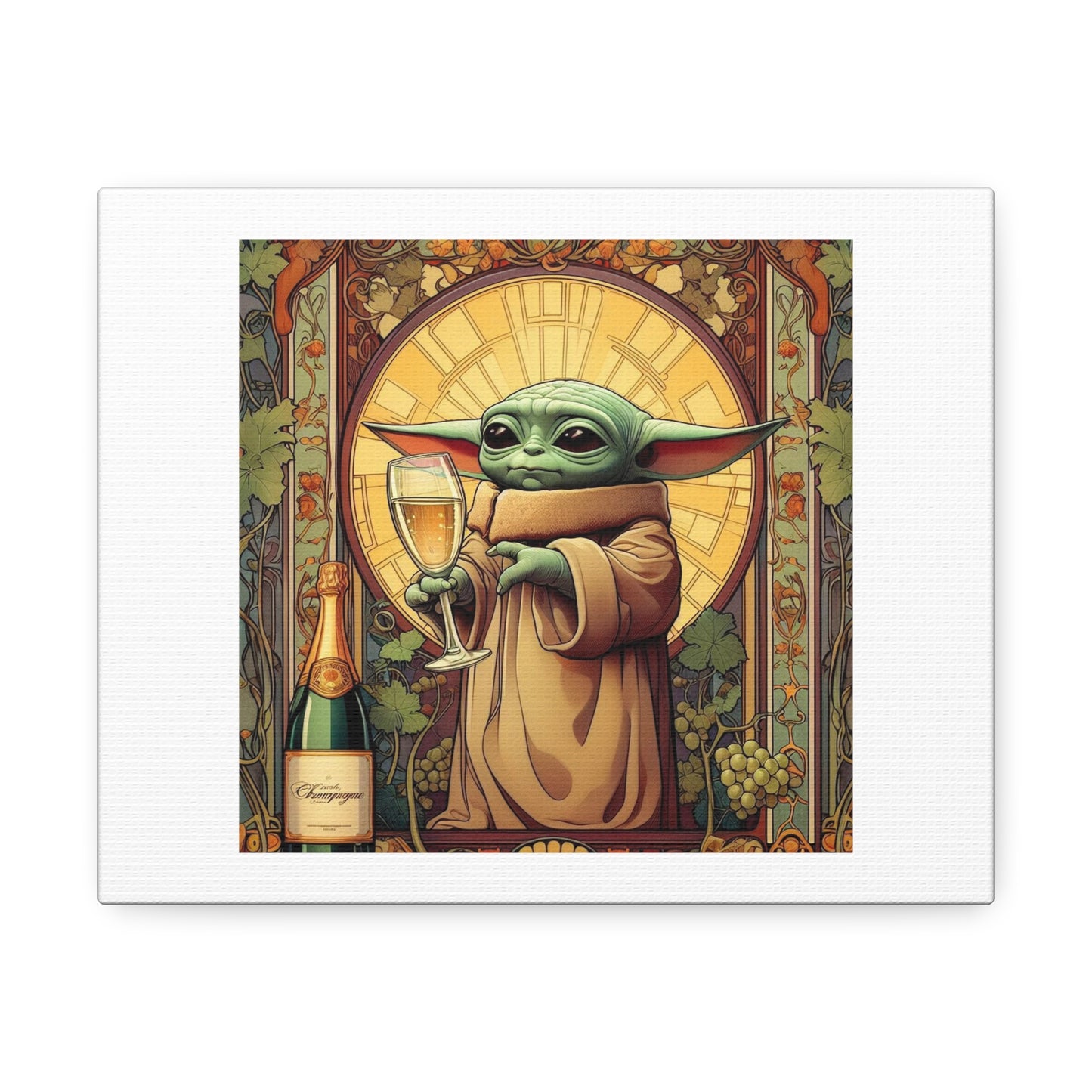 Art Nouveau Style (Alfons Mucha) Baby Yoda With Glass of Champagne 'Designed by AI' Art Print on Canvas