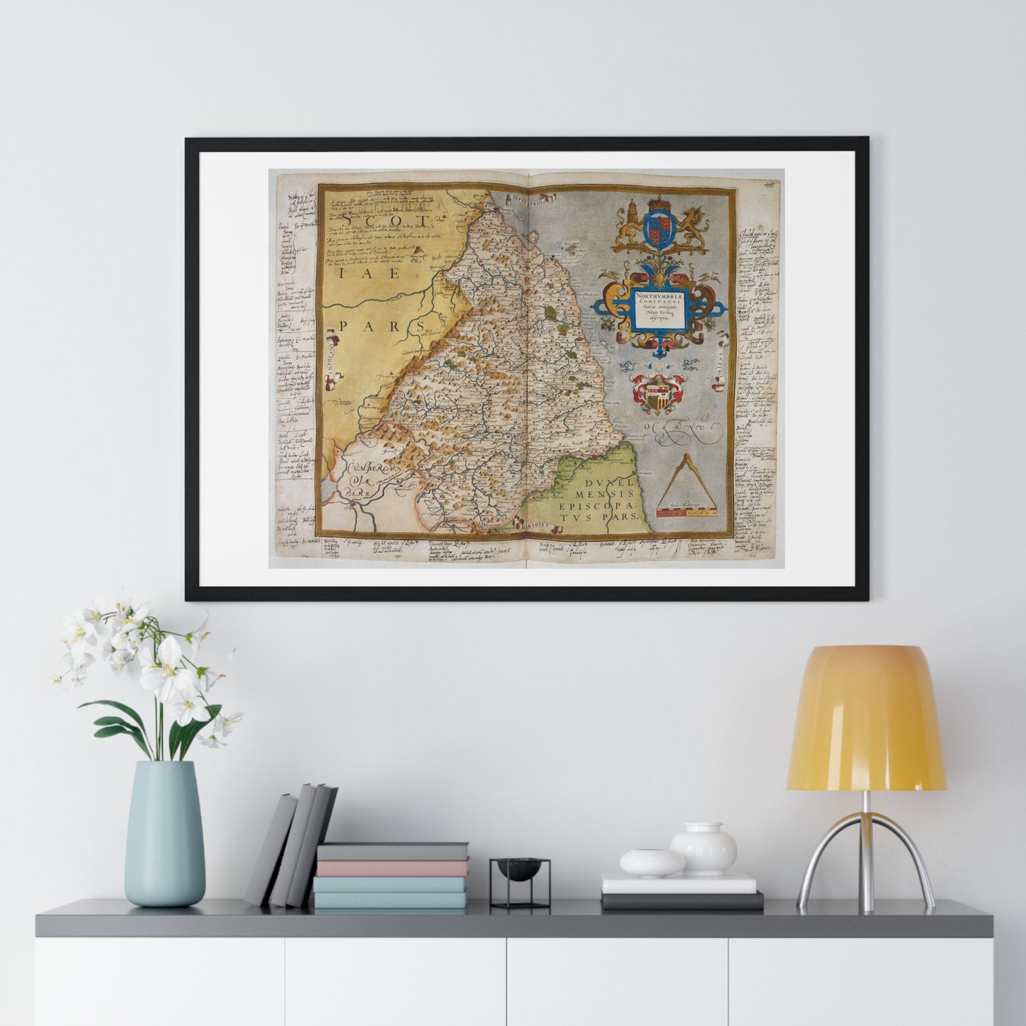 Tudor Antique Map of Northumberland from Lord Burghley's Atlas (1579) from the Original, Framed Print
