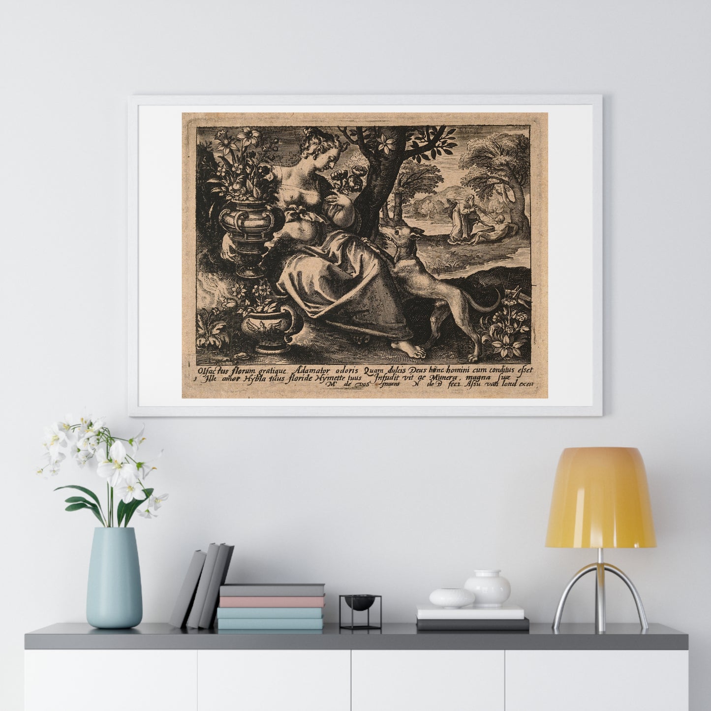 Woman in a Garden with Flowers, God Blows Spirit into Adam's Body, Reproduction Flemish Engraving, Framed Art Print