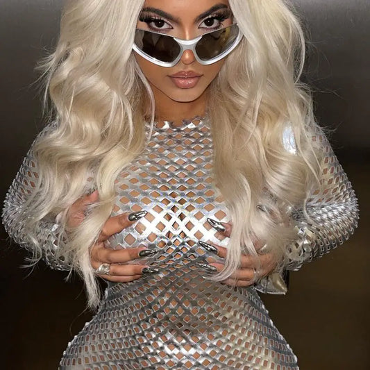 Long-Sleeve Metallic Cutout Bodycon Mini Dress