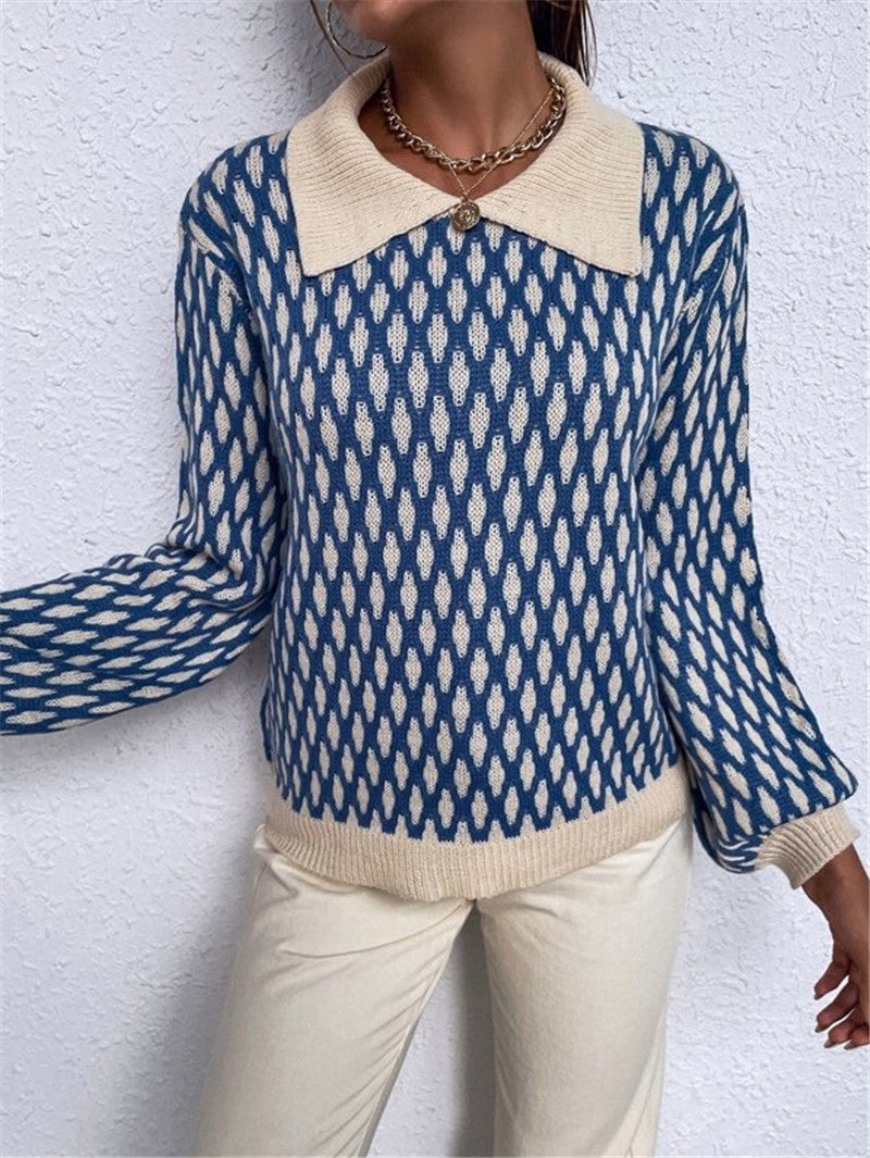 French-Style Diamond Pattern, Polo Neck Women's Sweater