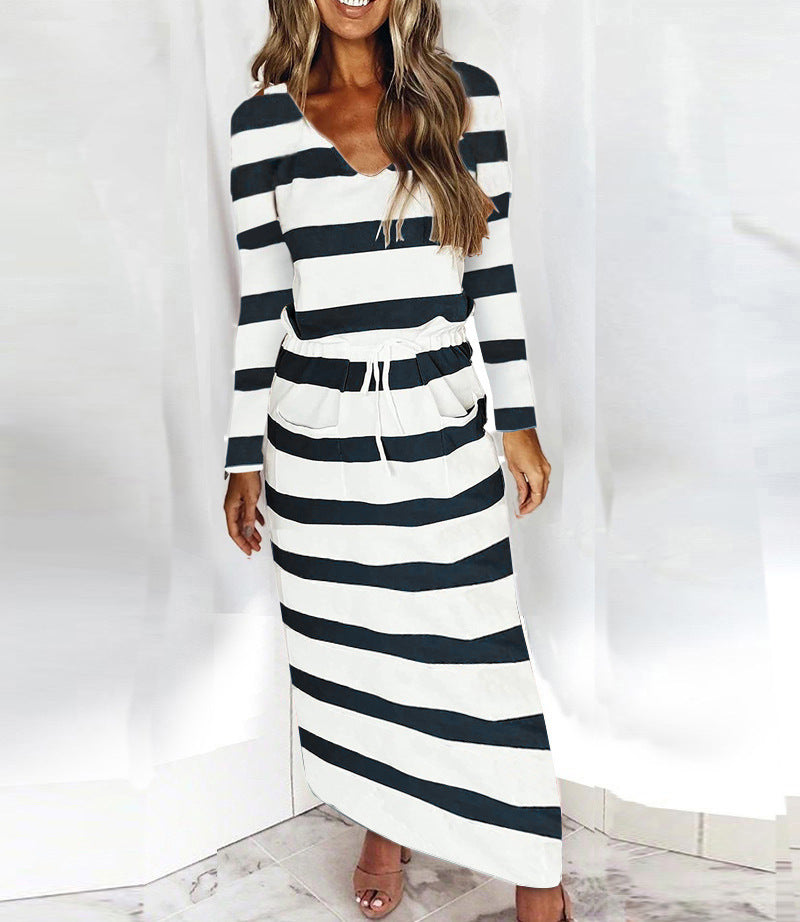 Vireous Loose Print Striped Long-Sleeve Dress